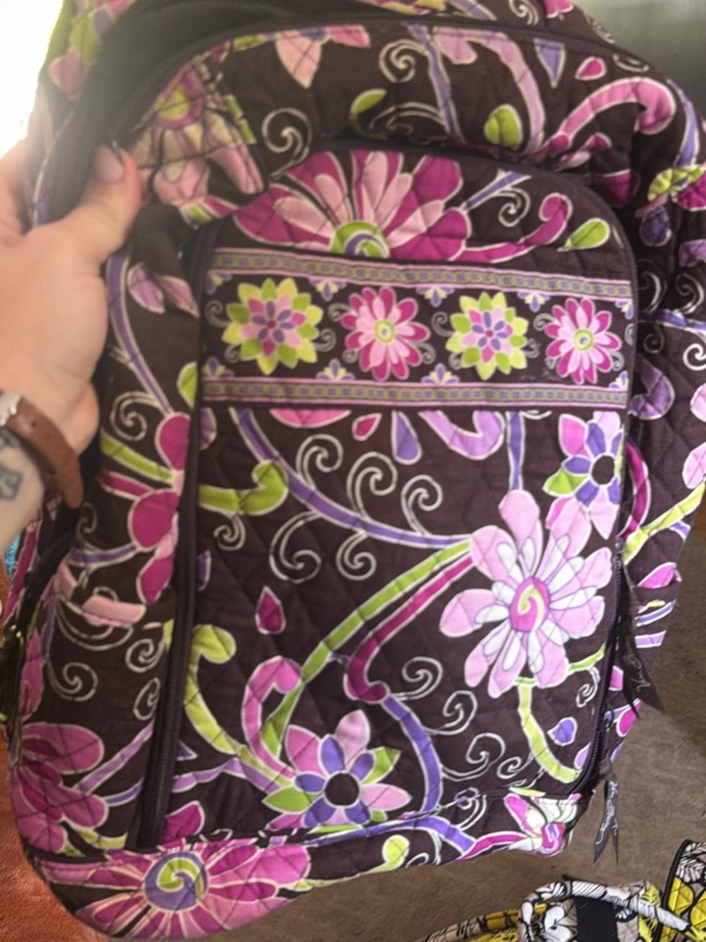 Quilted Floral Laptop Holder Backpack - Pink & Brown